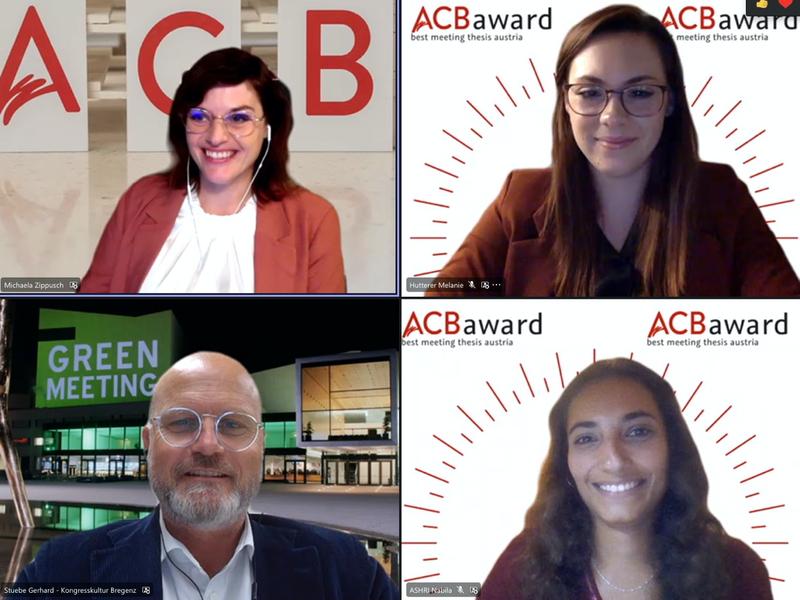 ACB Präsident Gerhard Stübe und ACB Geschäftsführerin Michaela Schedlbauer gratulieren den Gewinnerinnen, Melanie Hutterer und Nabila Ashri, bei der Veranstaltung.
Foto: Austrian Convention Bureau