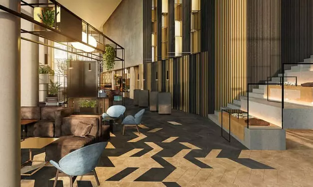 Das NH Collection Frankfurt Spin Tower bietet eine elf Meter hohe Lobby. Modell: NH Hotel Group