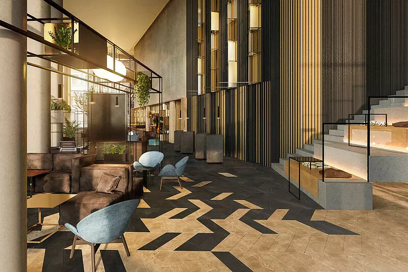 Das NH Collection Frankfurt Spin Tower bietet eine elf Meter hohe Lobby. Modell: NH Hotel Group