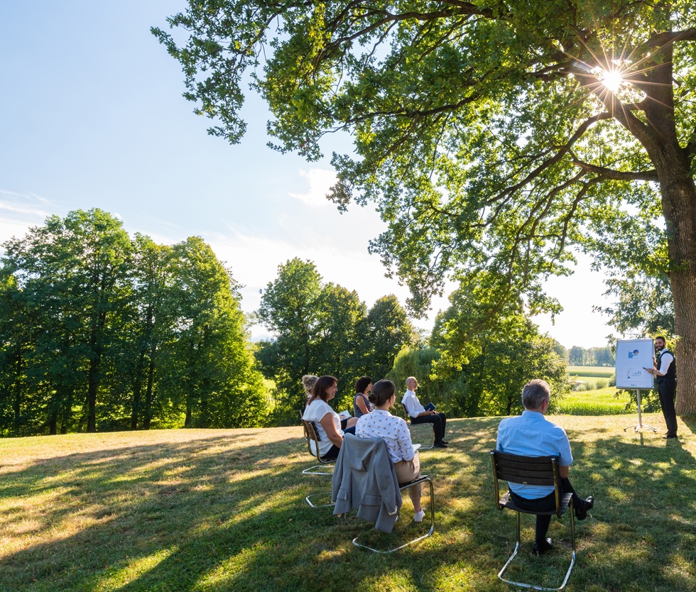 Kleine Gruppen von Menschen auf einer Wiese mit Bäumen beim Meeting im Grünen