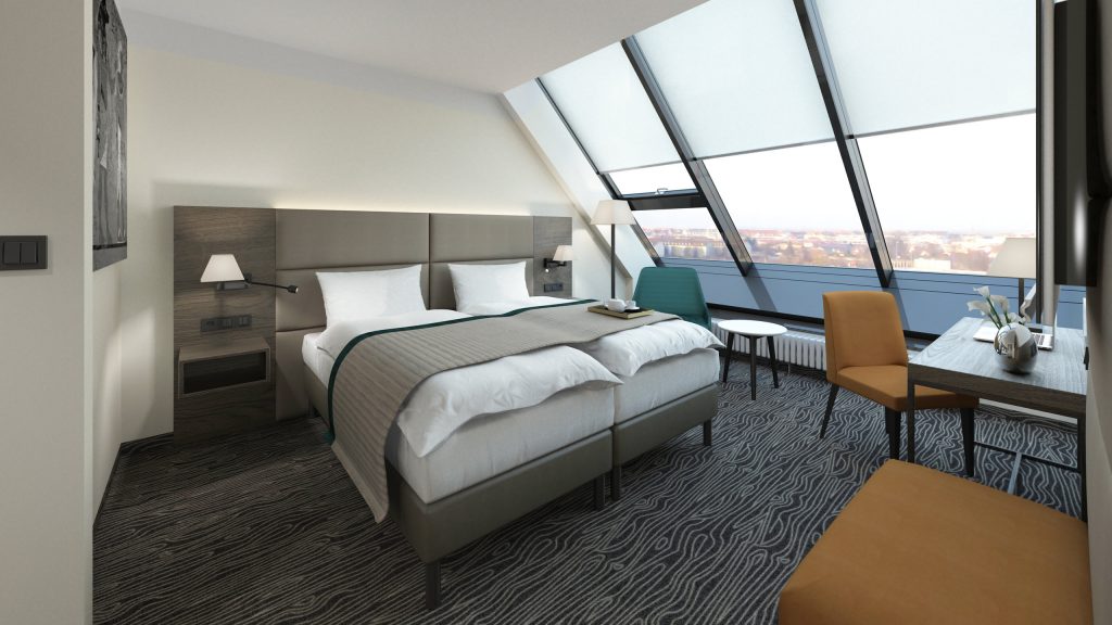 Blick in Hotelzimmer und Ausblick über große Dachfensterfront