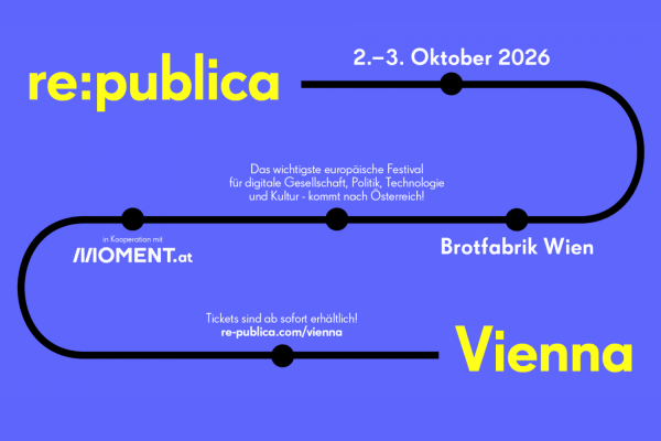 Auf blauem Hintergrund Hinweis auf re:publika Wien im Oktober 2026