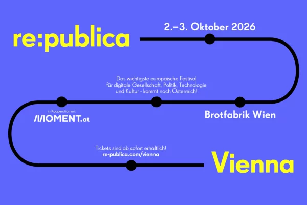 wien.ng Auf blauem Hintergrund Hinweis auf re:publika Wien im Oktober 2026