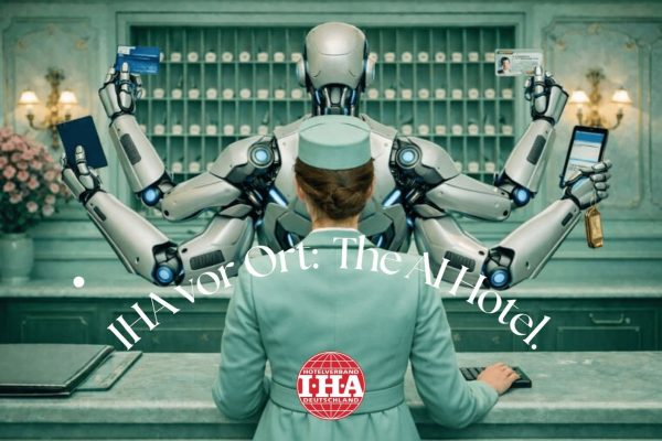 Eine KI-generierte Illustration zeigt eine Hotelrezeptionistin von hinten, vor der ein futuristischer Roboter mit mehreren Armen steht. Der Roboter hält verschiedene Gegenstände wie Kreditkarten, Schlüssel und ein Tablet. Über dem Bild steht der Text „IHA vor Ort: The AI Hotel“ und unten ist das Logo des Hotelverbandes Deutschland (IHA) zu sehen.