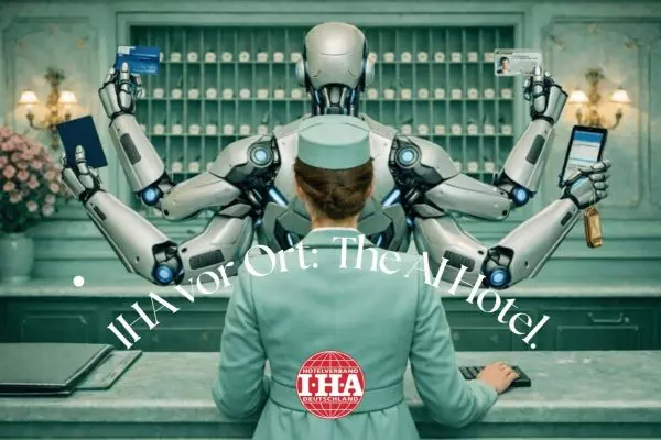 KI Eine KI-generierte Illustration zeigt eine Hotelrezeptionistin von hinten, vor der ein futuristischer Roboter mit mehreren Armen steht. Der Roboter hält verschiedene Gegenstände wie Kreditkarten, Schlüssel und ein Tablet. Über dem Bild steht der Text „IHA vor Ort: The AI Hotel“ und unten ist das Logo des Hotelverbandes Deutschland (IHA) zu sehen.